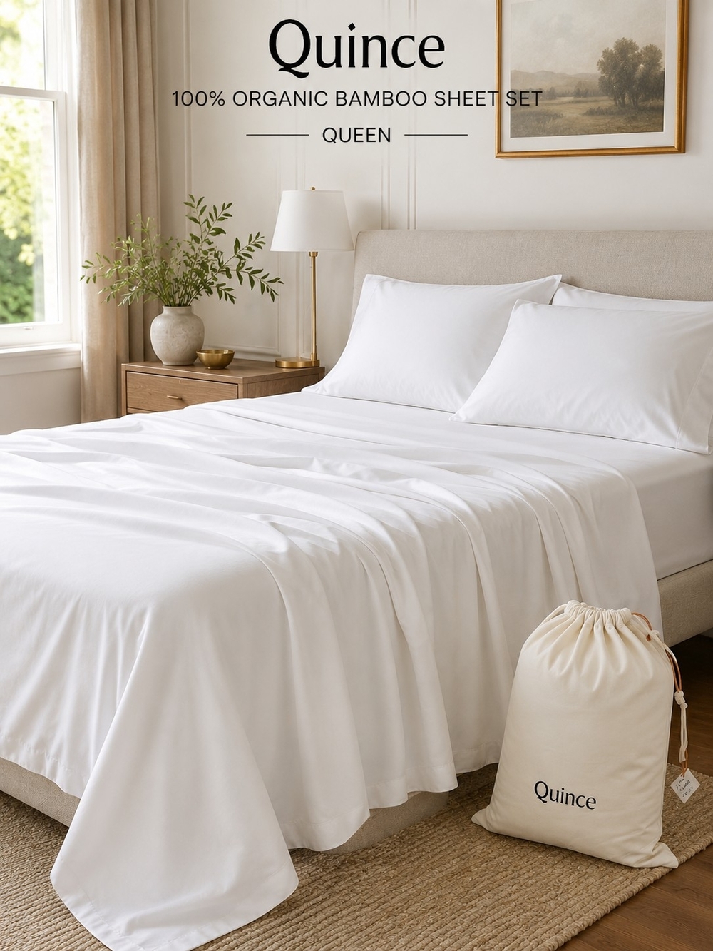NWT Quince 100% Organic Bamboo Sheet Set — Queen — White — Complete 4-Piece Set
